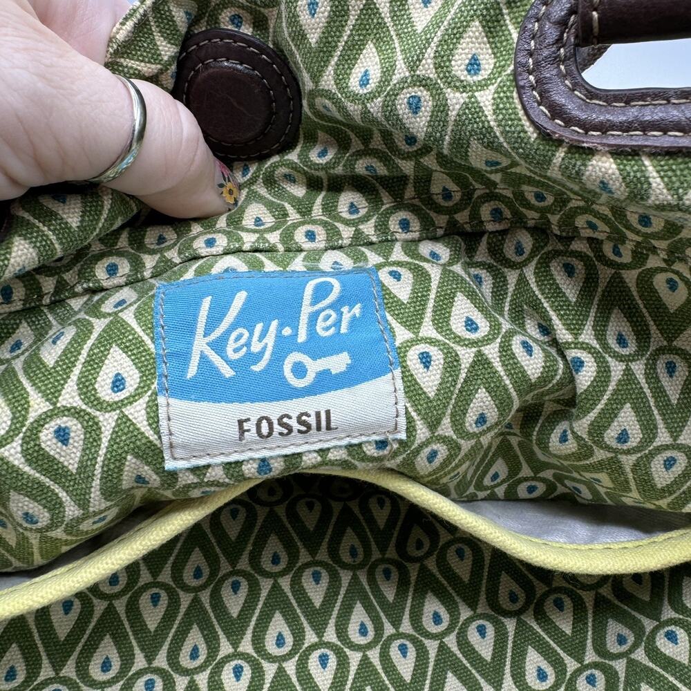 FOSSIL Key Per Coated Canvas Leather Tote Shoulder Bag Purse Flowers Green Brown - Picture 5 of 11